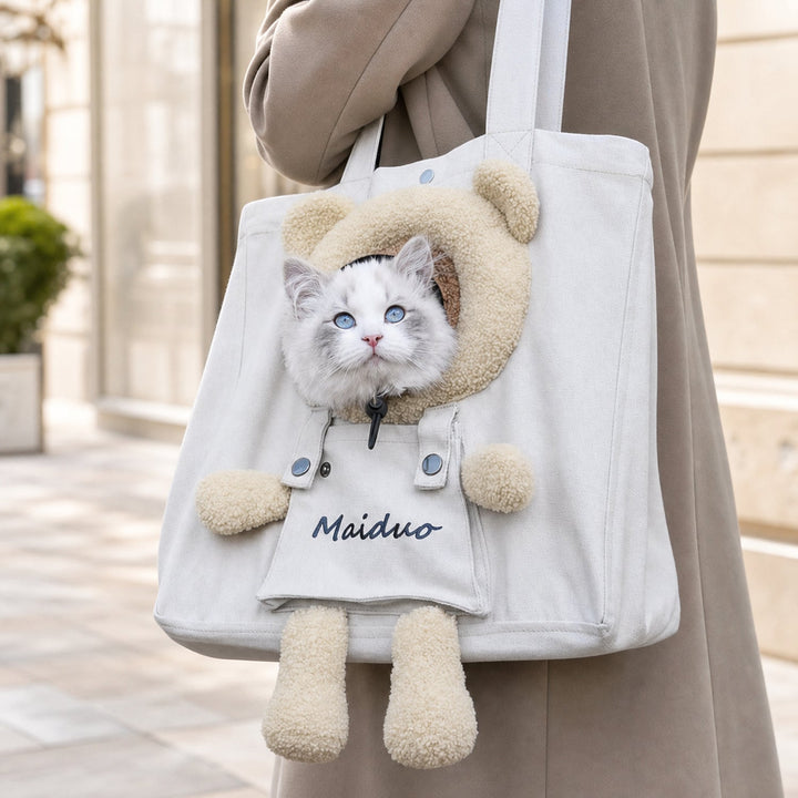 Teddy Hug Pet Carrier Tote | Canvas Shoulder Bag | Safety Clip & Storage Pocket