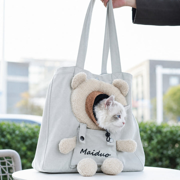 Teddy Hug Pet Carrier Tote | Canvas Shoulder Bag | Safety Clip & Storage Pocket