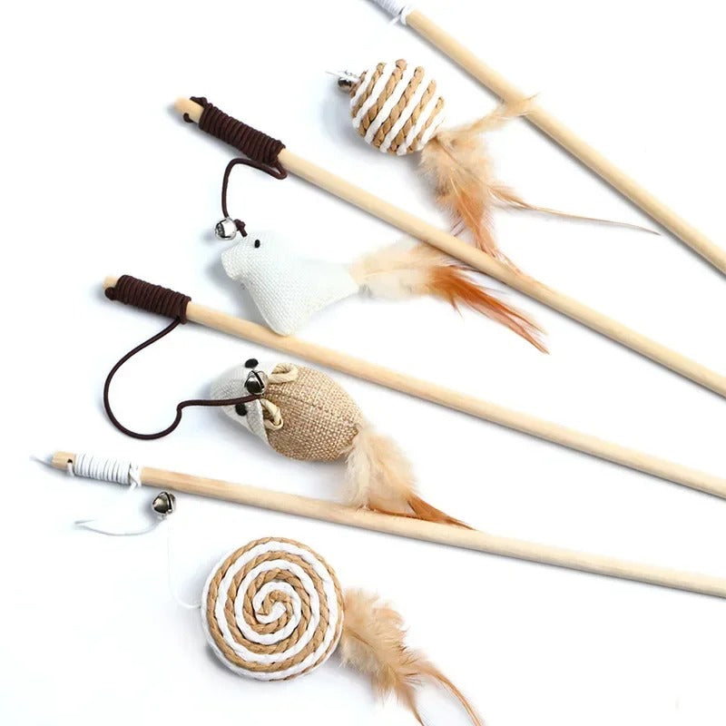 Colorful Wand Cat Toy with Wooden Handle