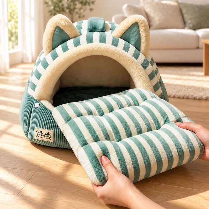 Cat Bed | Kitty Stripe Cave | Soft Plush & Corduroy | Fold-Down Front
