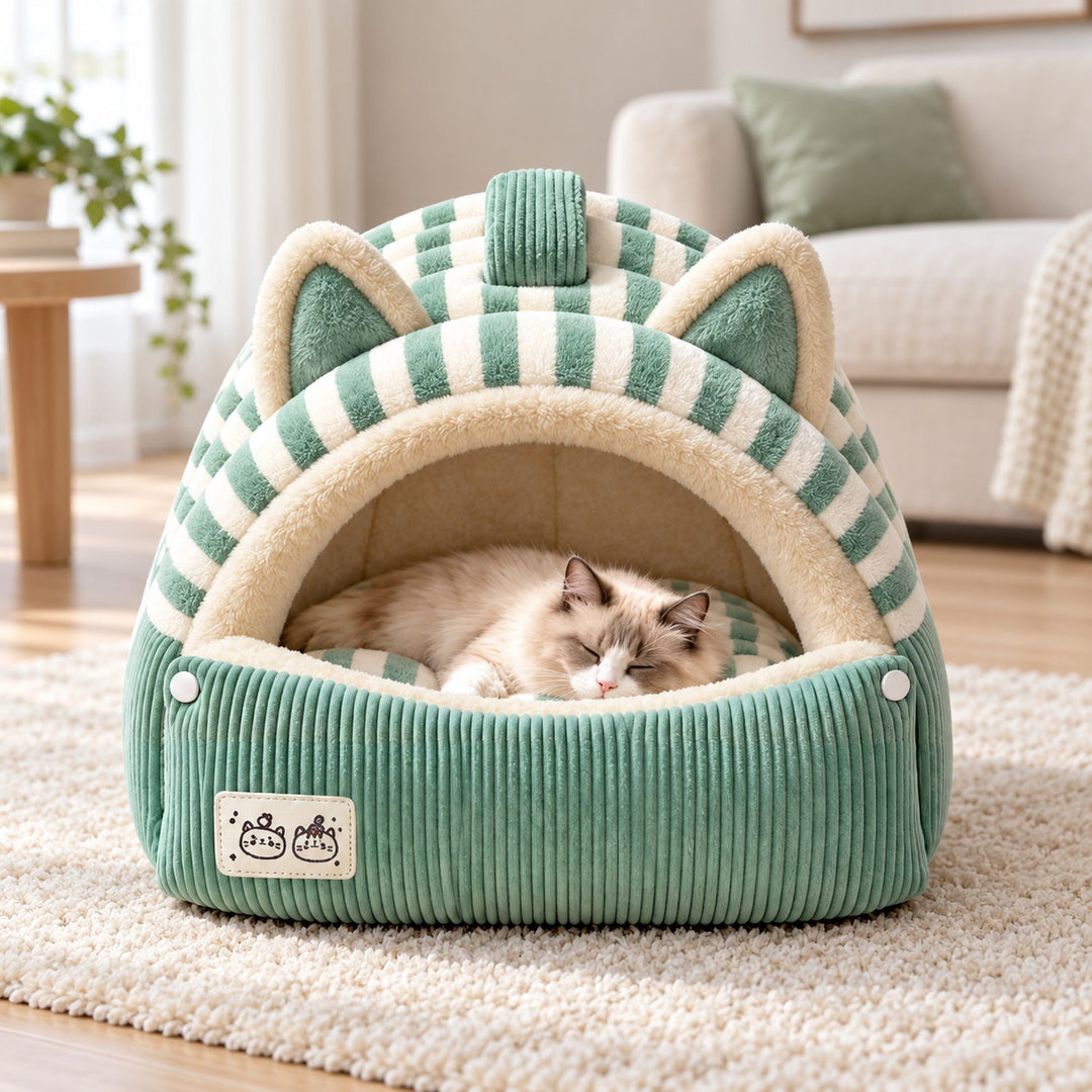 Cat Bed | Kitty Stripe Cave | Soft Plush & Corduroy | Fold-Down Front