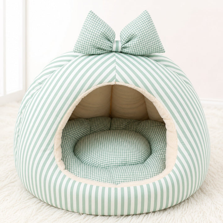 Dog Bed & Cat Bed | Striped Bow House | Cosy, Machine-Washable & Non-Slip