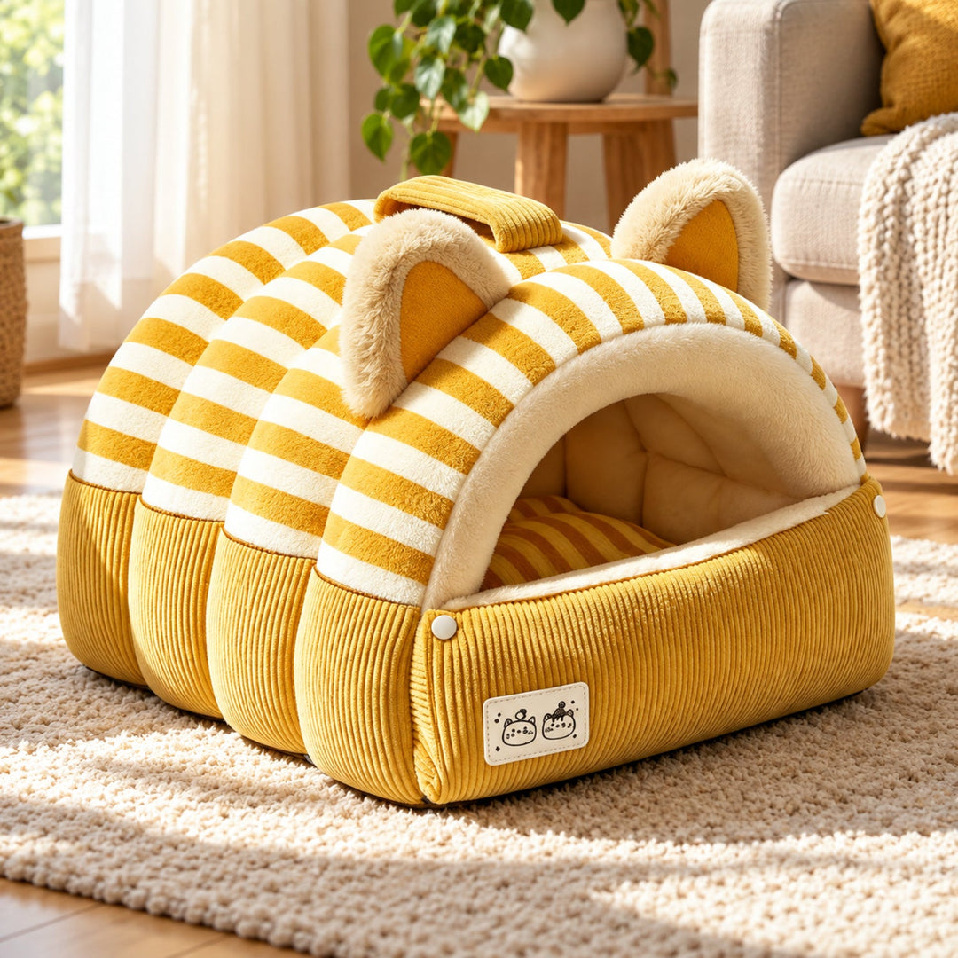 Cat Bed | Kitty Stripe Cave | Soft Plush & Corduroy | Fold-Down Front