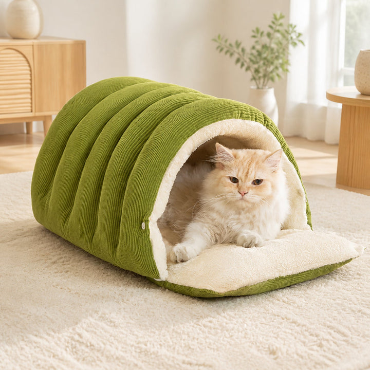 Cosy Tunnel Cat Bed | Warm Corduroy | Removable Washable Hideaway