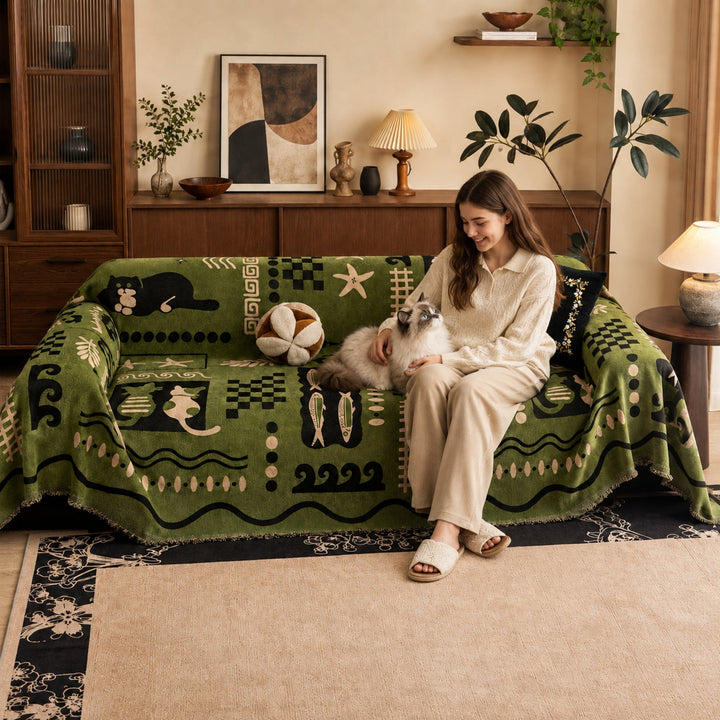Playful Kitty Chenille Sofa Throw | All-Season Machine-Washable Sofa Protector
