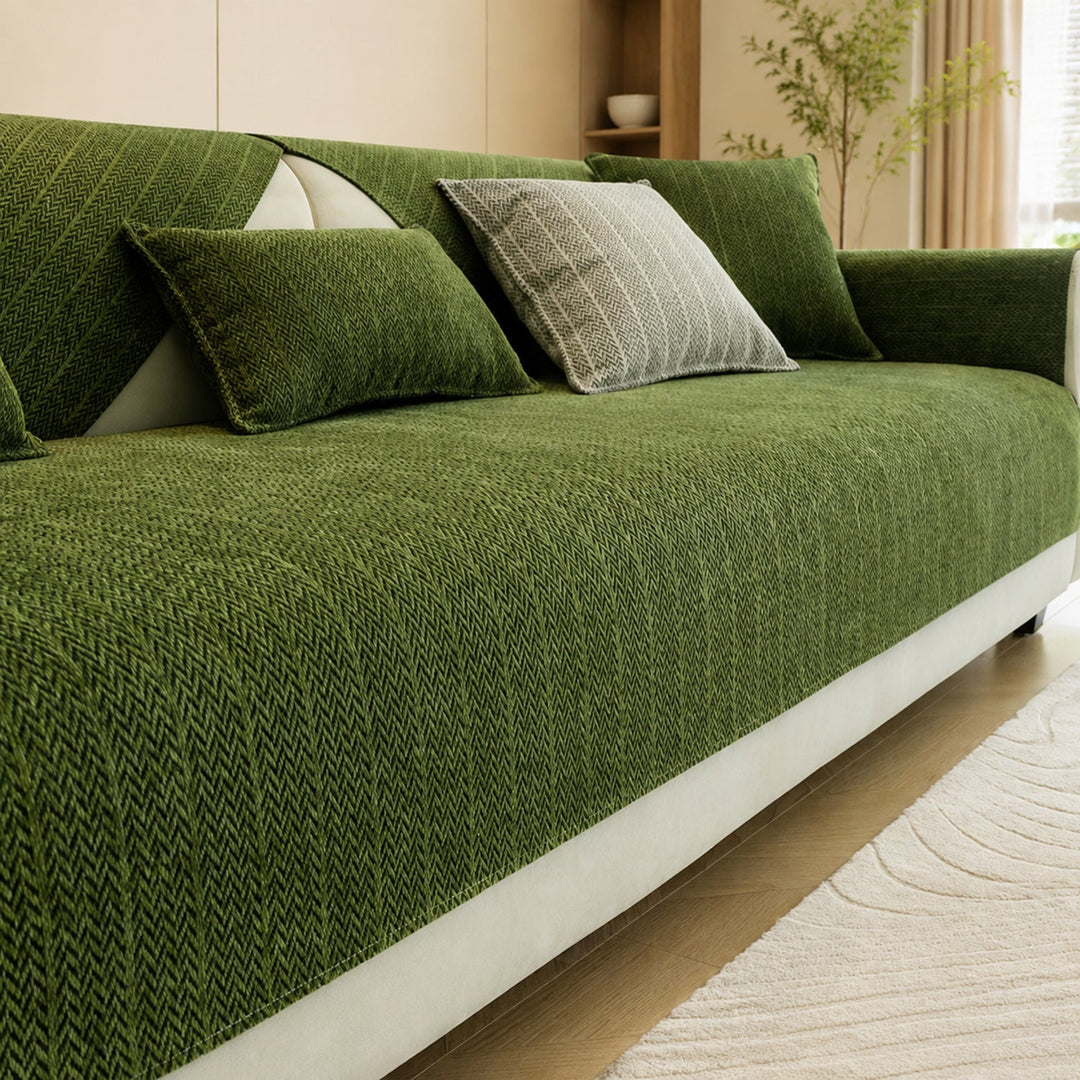 Solid Colour Chenille Sofa Cover | Anti-Scratch Herringbone Couch Protector | Durable