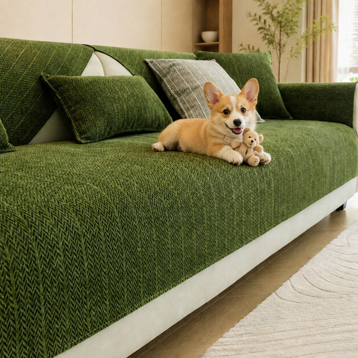 Solid Colour Chenille Sofa Cover | Anti-Scratch Herringbone Couch Protector | Durable