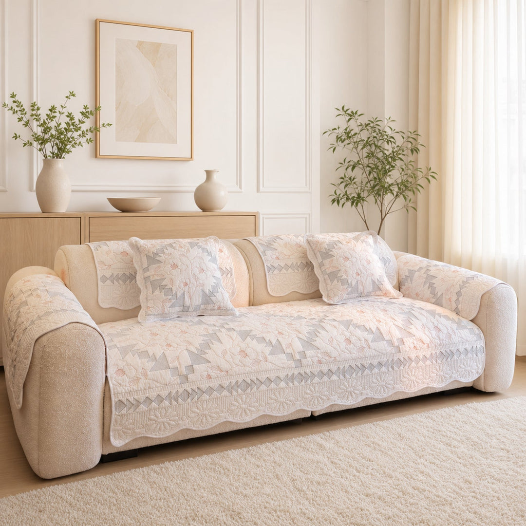 Floral Mosaic Cotton Sofa Protector | Quilted Non-Slip Washable Cover