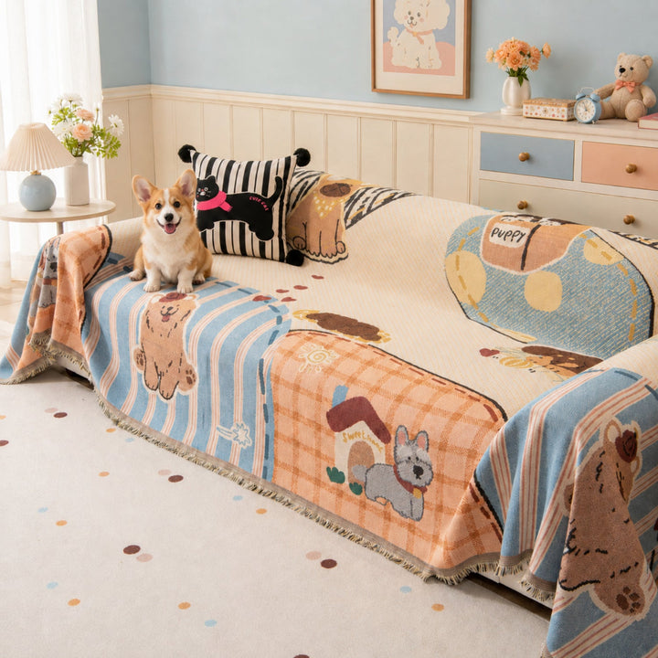 Puppy Days | Chenille Sofa Throw | Scratch-Resistant Sofa Protector