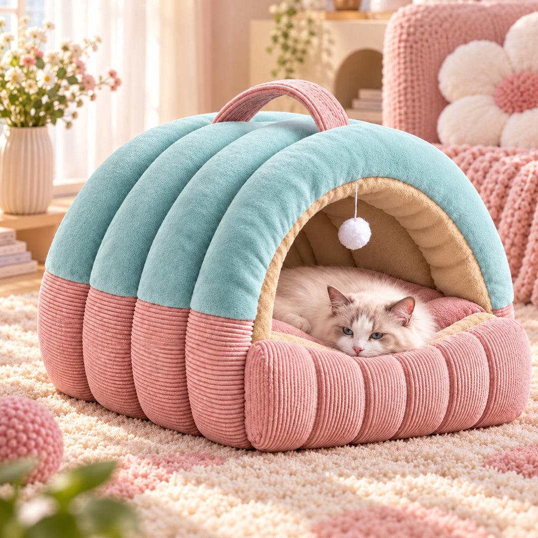 Dog Bed & Cat Bed | Cosy Plush Cave with Fold-Down Front