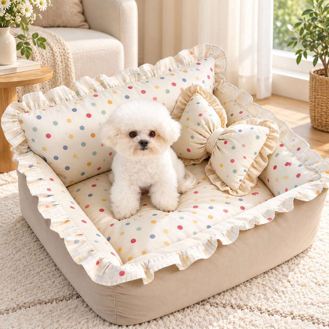 Dog Sofa Bed & Cat Bed | Sweet Ruffle Design with Bow Cushion & Non-Slip Base