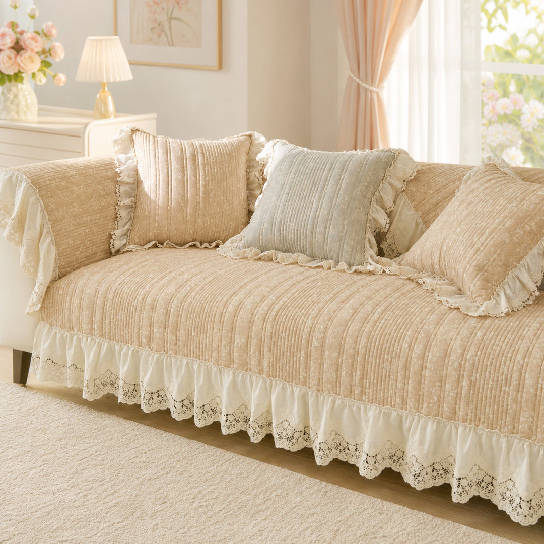 Vintage Lace Sofa Protector | Cotton-Linen Blend | Non-Slip Ruffled Design
