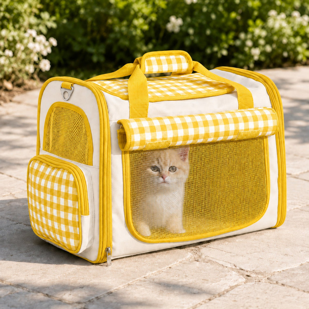 Gingham Cat Carrier Bag | Foldable Travel Carrier with Mesh Panels and Shoulder Strap