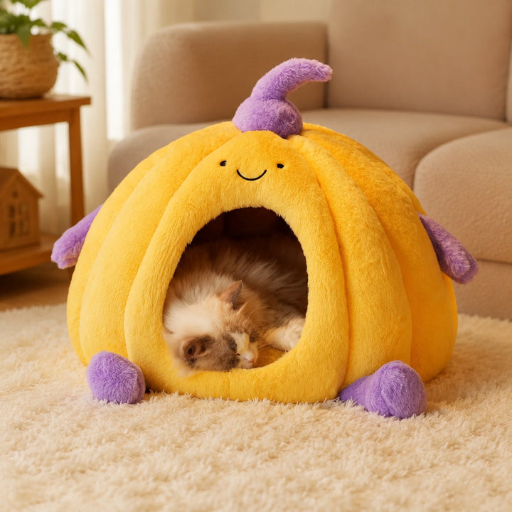 Dog Bed & Cat Bed | Pumpkin Cave | Warm Washable Plush with a Non-Slip Base