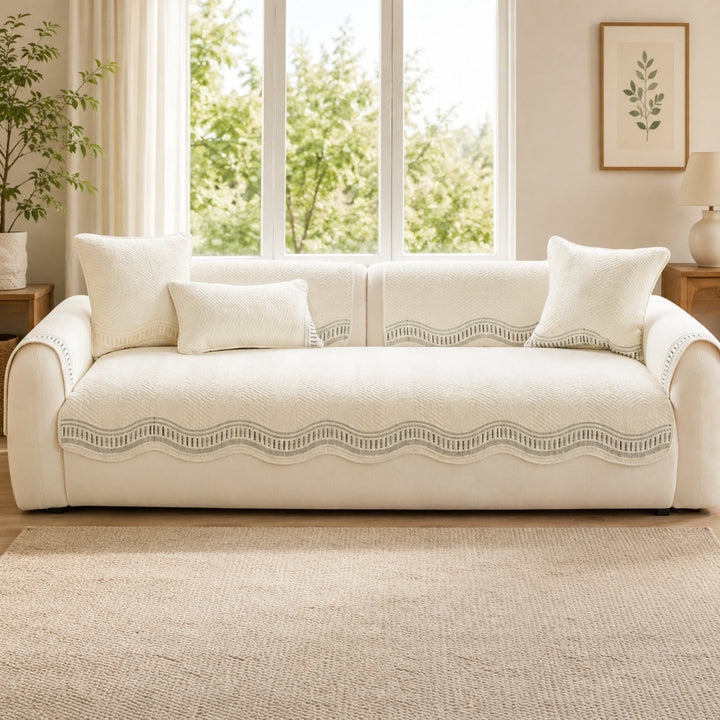 Chevron Wave Cotton Sofa Protector | Non-Slip Machine-Washable Cover