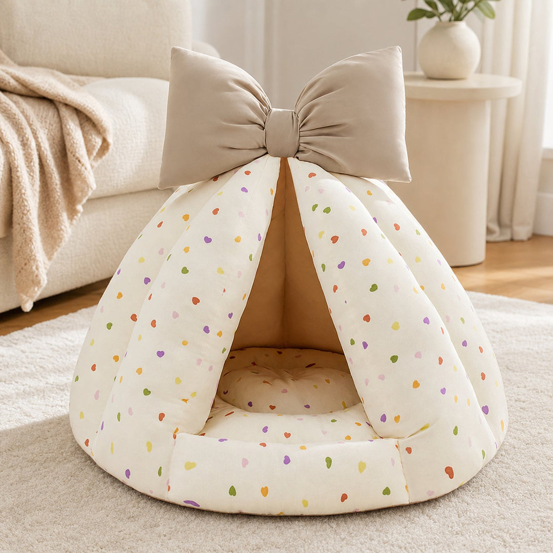 Dog Bed & Cat Bed | Bow Pet Tent | Cotton-Blend Fabric, Hand-Washable & Non-Slip