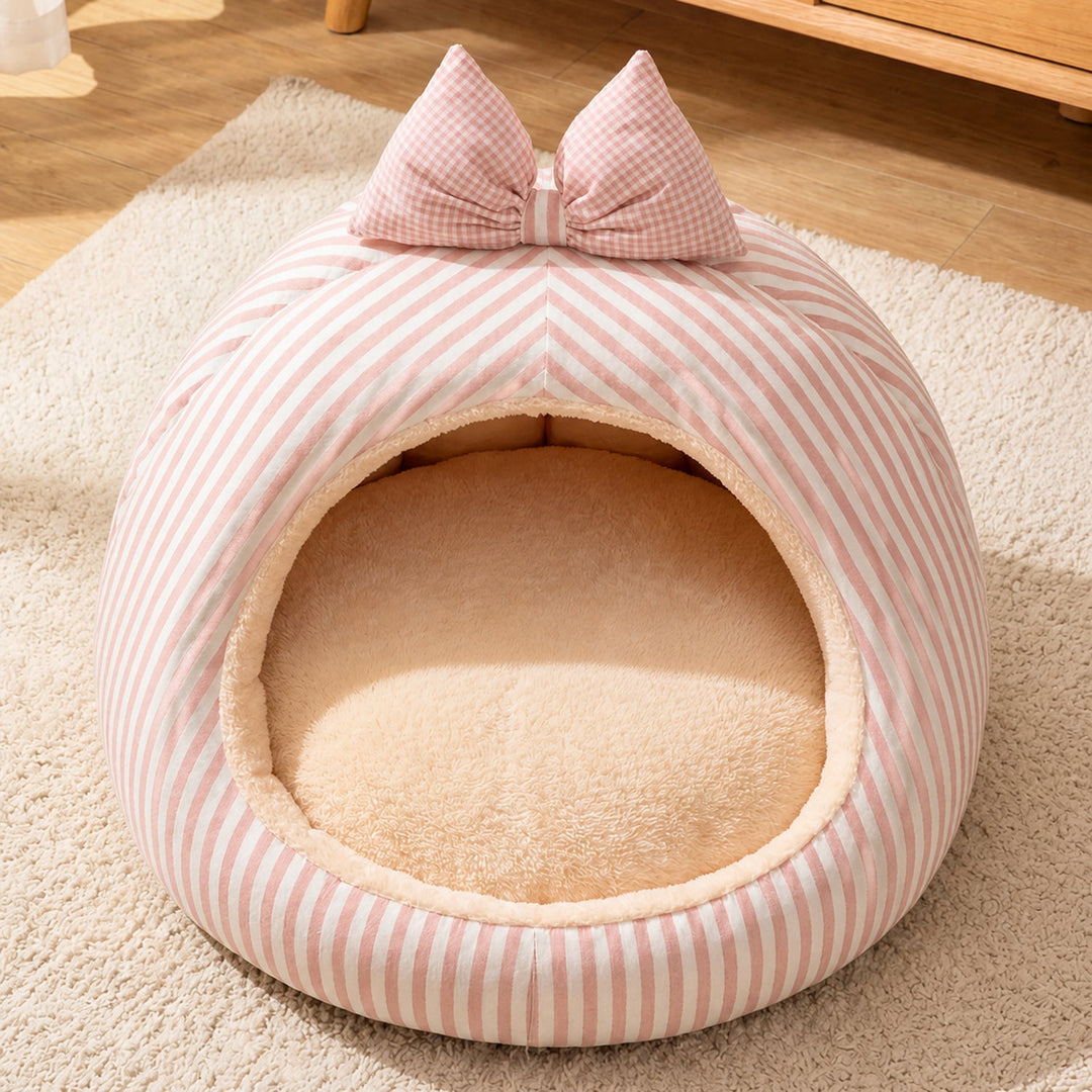 Dog Bed & Cat Bed | Striped Bow House | Cosy, Machine-Washable & Non-Slip