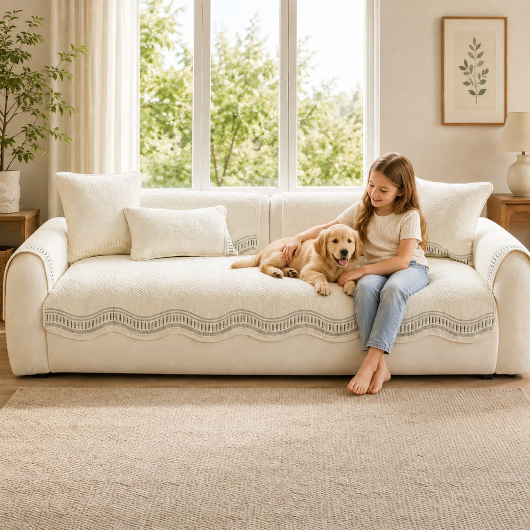Chevron Wave Cotton Sofa Protector | Non-Slip Machine-Washable Cover