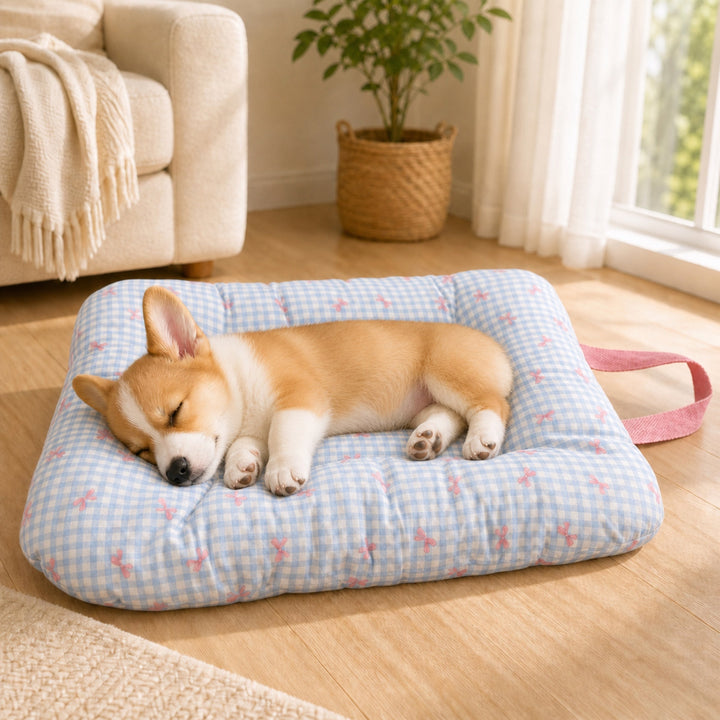 Washable Dog Bed & Cat Bed | Gingham Bow Pet Mat | Reversible Cotton