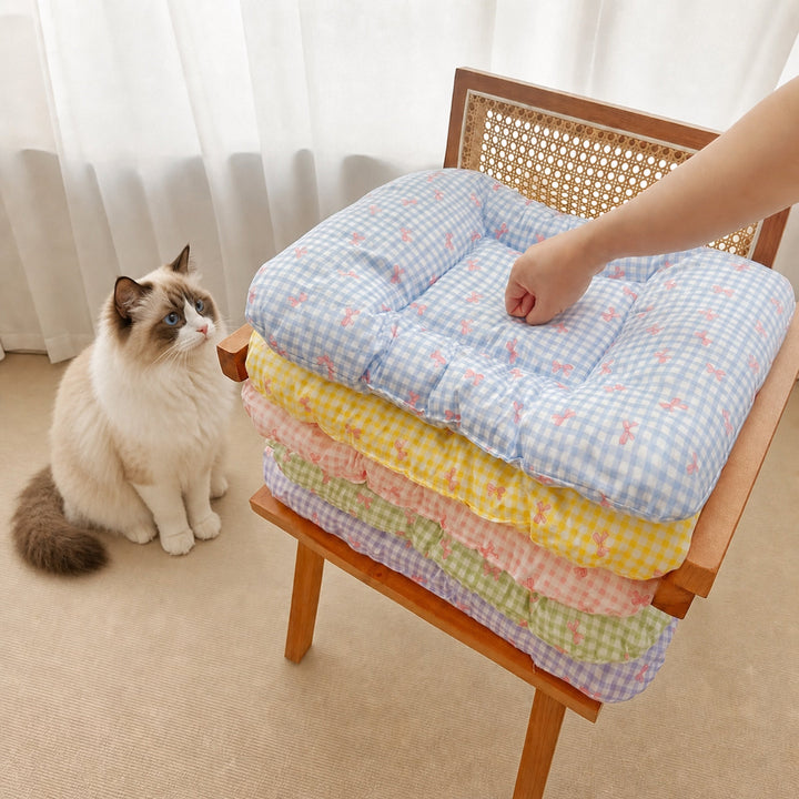 Washable Dog Bed & Cat Bed | Gingham Bow Pet Mat | Reversible Cotton