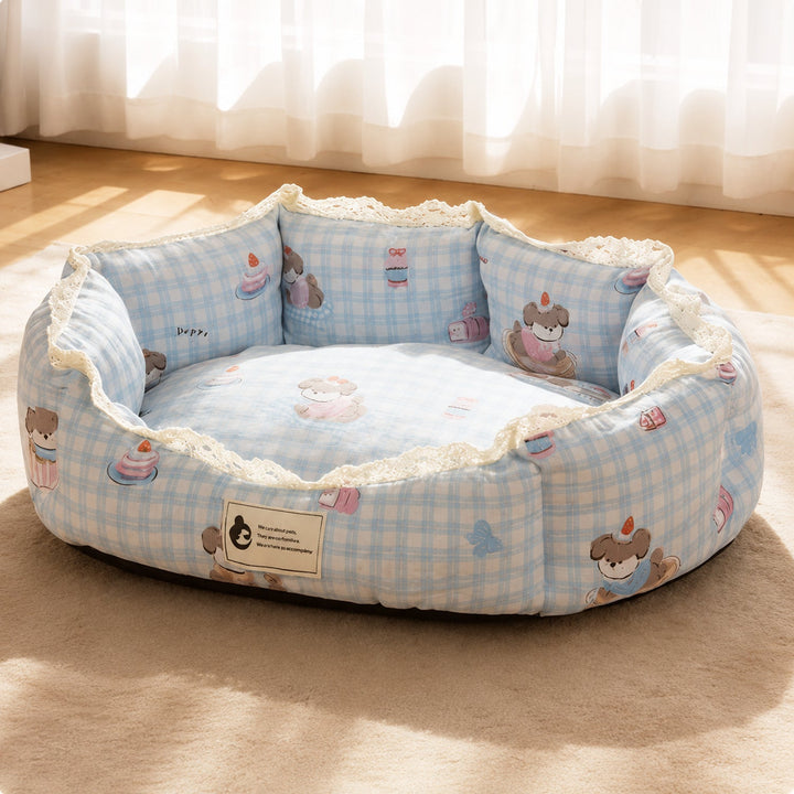 Dog Bed & Cat Bed | Sweet Lace Design | Washable Velour, Raised Sides & Non-Slip Base