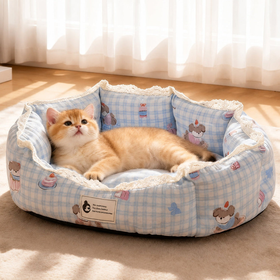 Dog Bed & Cat Bed | Sweet Lace Design | Washable Velour, Raised Sides & Non-Slip Base
