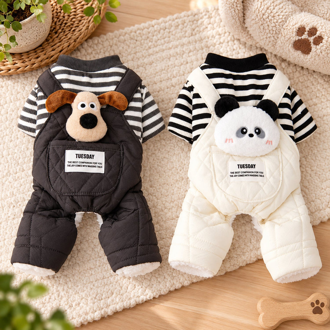 Dog Jumper | Cotton Dungaree Outfit with Striped Sleeves & Plush Animal Detail