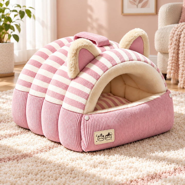 Cat Bed | Kitty Stripe Cave | Soft Plush & Corduroy | Fold-Down Front
