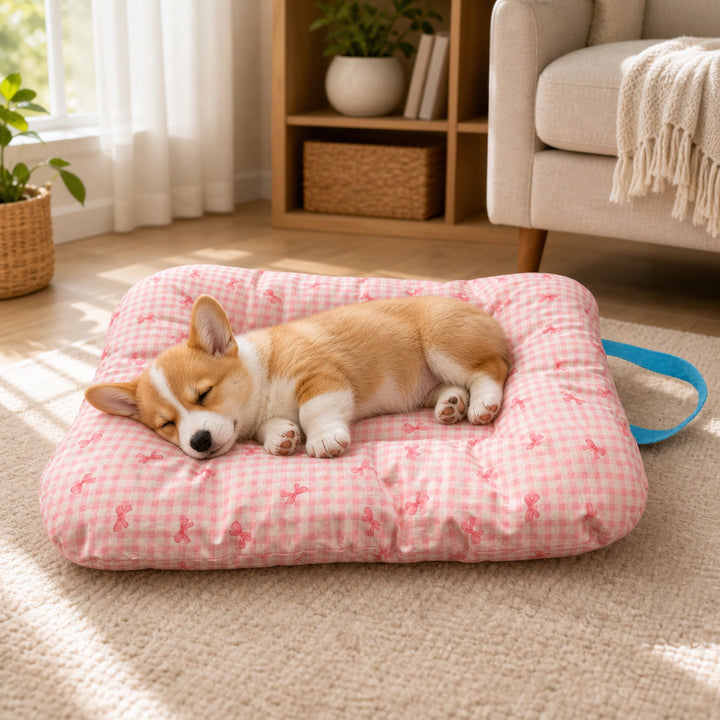 Washable Dog Bed & Cat Bed | Gingham Bow Pet Mat | Reversible Cotton