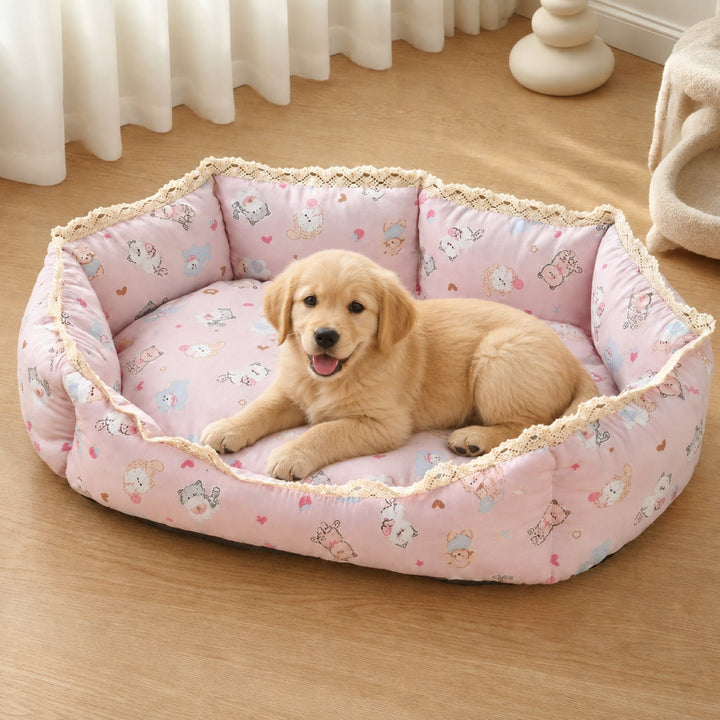 Dog Bed & Cat Bed | Sweet Lace Design | Washable Velour, Raised Sides & Non-Slip Base