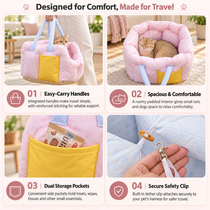 Dog Car Seat & Cat Carrier Bag | Soft Padded Travel Bed with Carry Handles