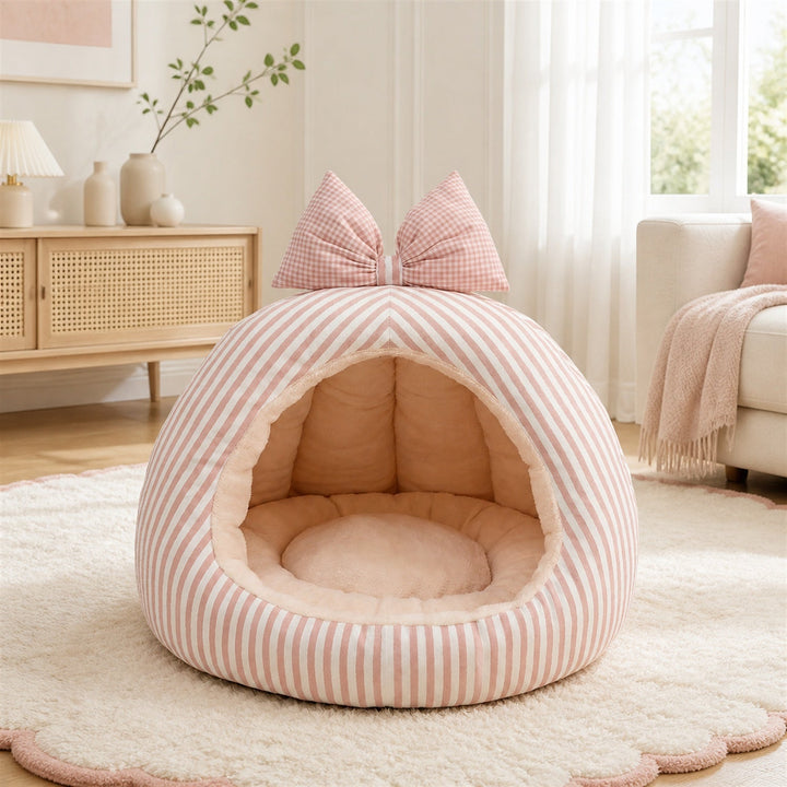 Dog Bed & Cat Bed | Striped Bow House | Cosy, Machine-Washable & Non-Slip