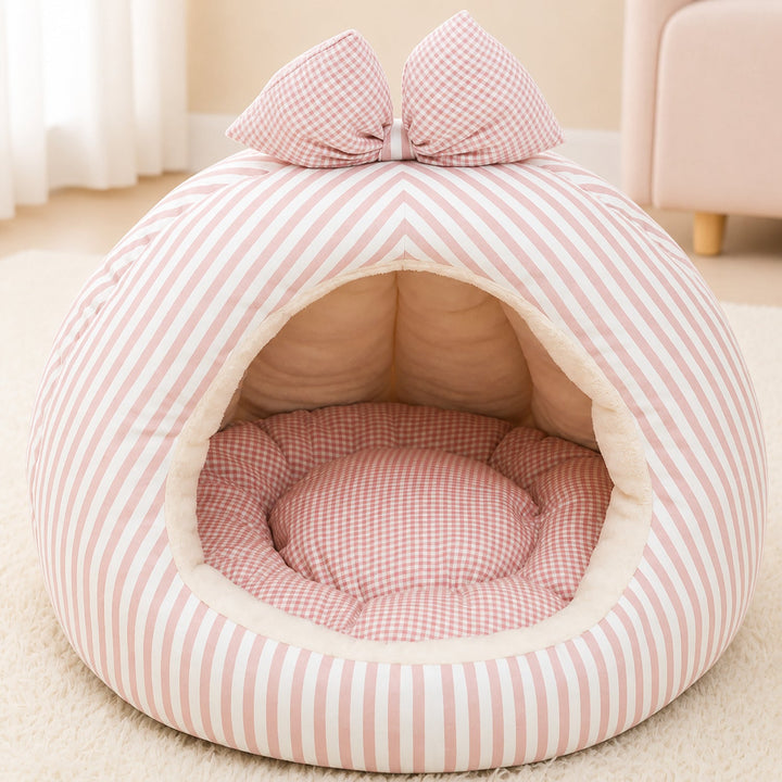 Dog Bed & Cat Bed | Striped Bow House | Cosy, Machine-Washable & Non-Slip