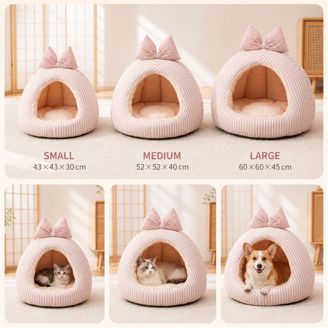 Dog Bed & Cat Bed | Striped Bow House | Cosy, Machine-Washable & Non-Slip