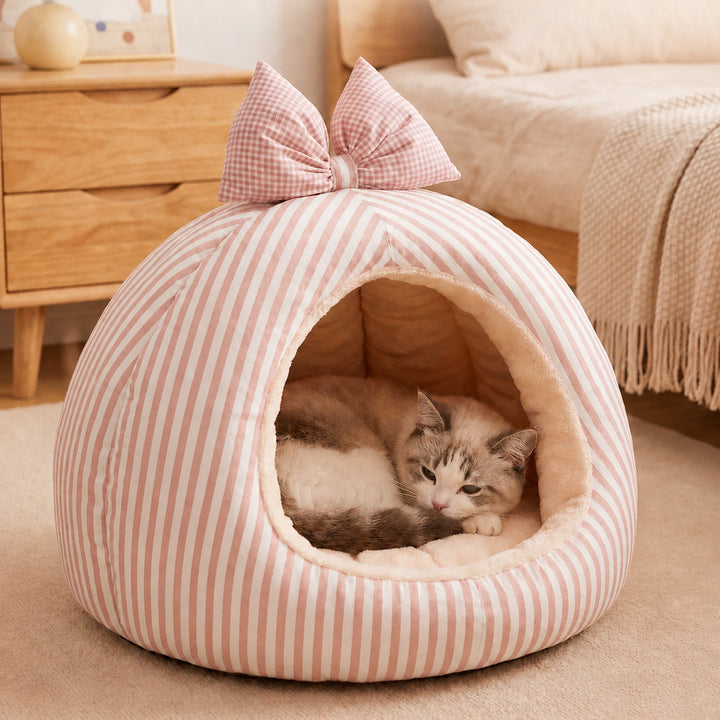 Dog Bed & Cat Bed | Striped Bow House | Cosy, Machine-Washable & Non-Slip