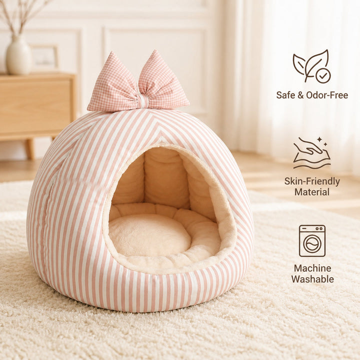 Dog Bed & Cat Bed | Striped Bow House | Cosy, Machine-Washable & Non-Slip