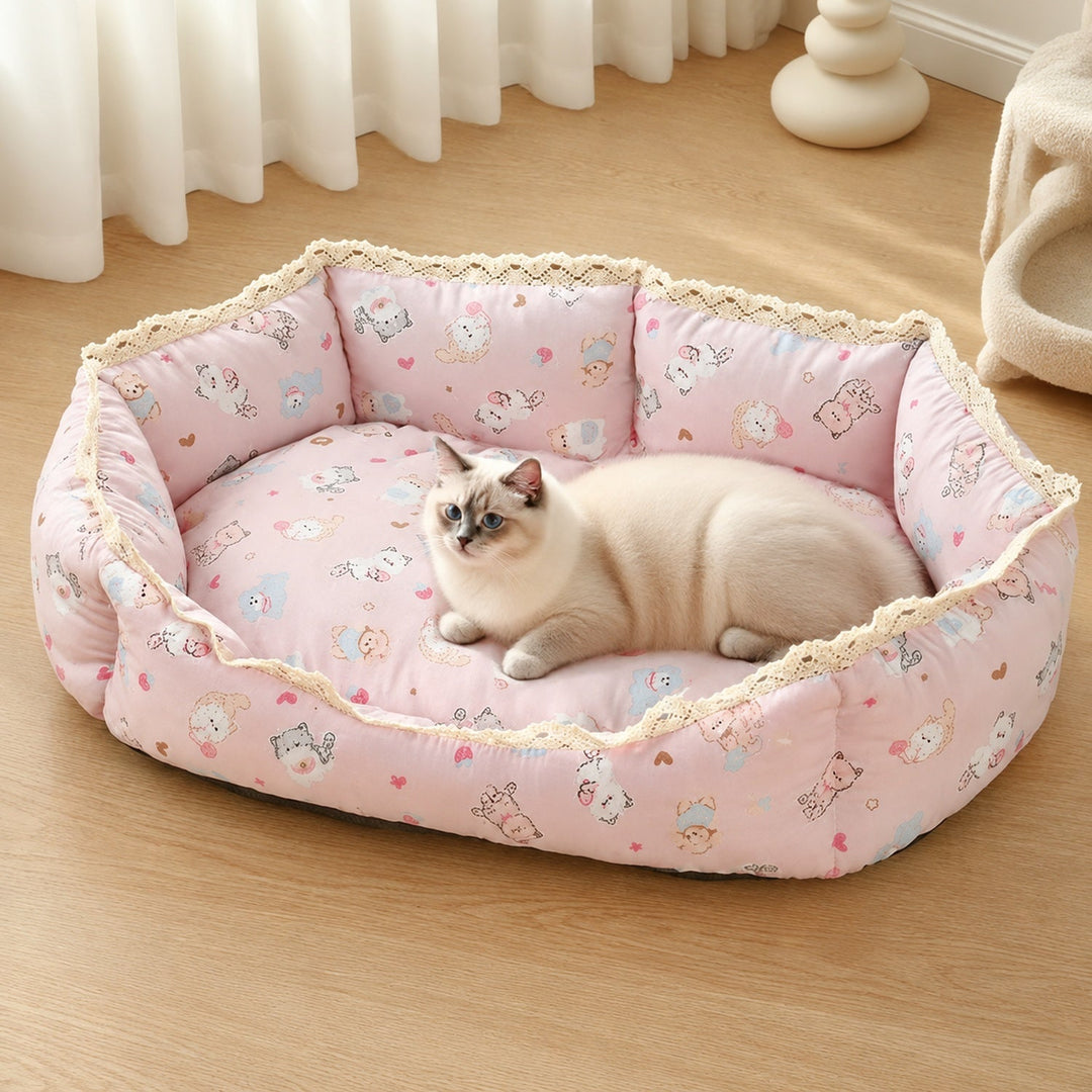 Dog Bed & Cat Bed | Sweet Lace Design | Washable Velour, Raised Sides & Non-Slip Base