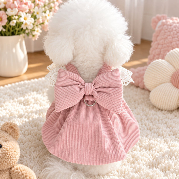 Belle Bow Dog Dress | Corduroy with Lace Trim & Lead Attachment Ring