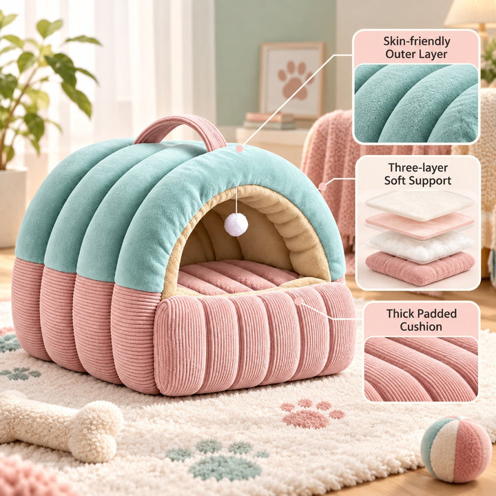 Dog Bed & Cat Bed | Cosy Plush Cave with Fold-Down Front