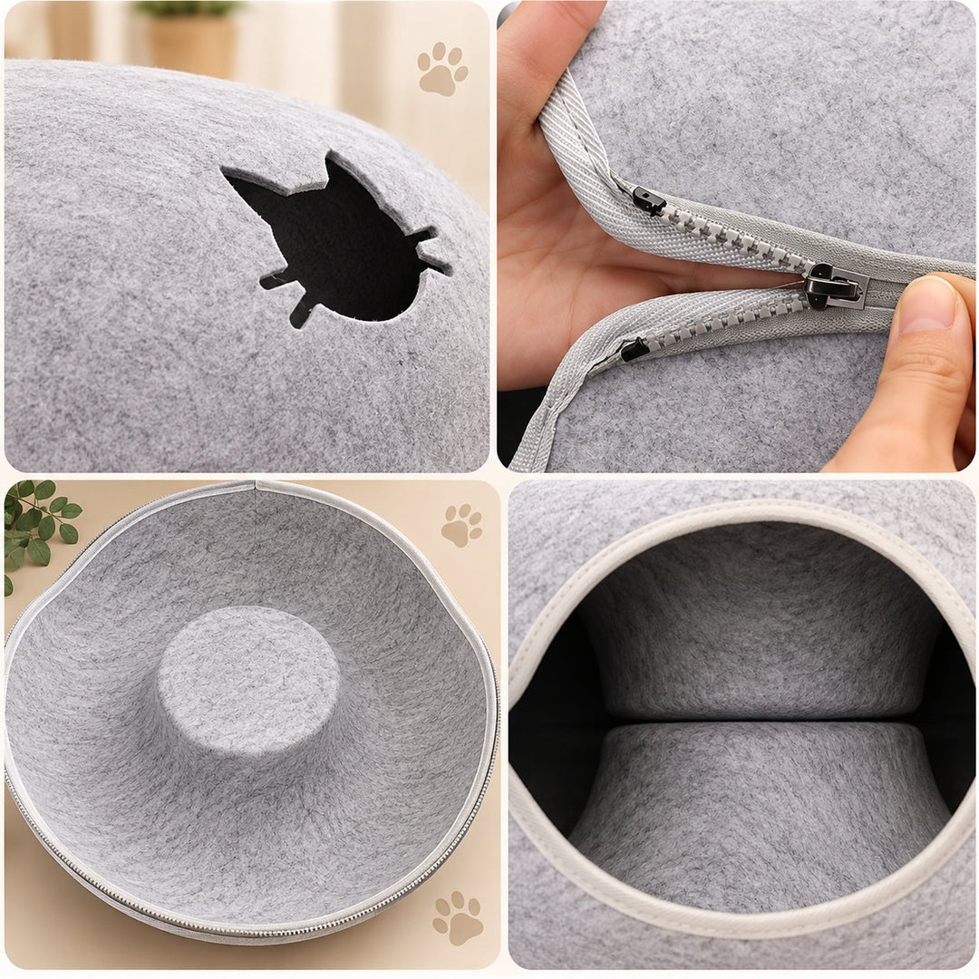 Donut Cat Bed | Felt Tunnel Hideaway with Removable Top