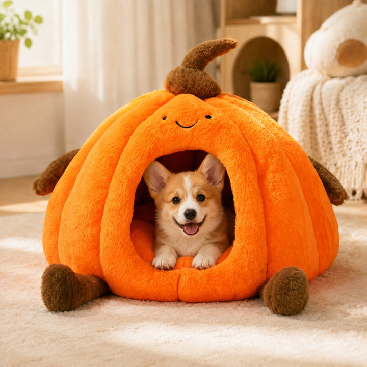 Dog Bed & Cat Bed | Pumpkin Cave | Warm Washable Plush with a Non-Slip Base