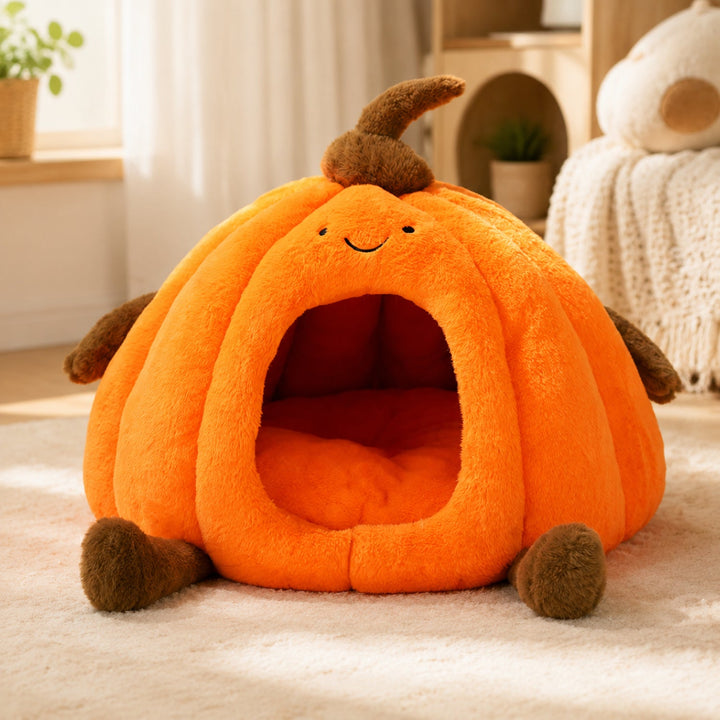 Dog Bed & Cat Bed | Pumpkin Cave | Warm Washable Plush with a Non-Slip Base