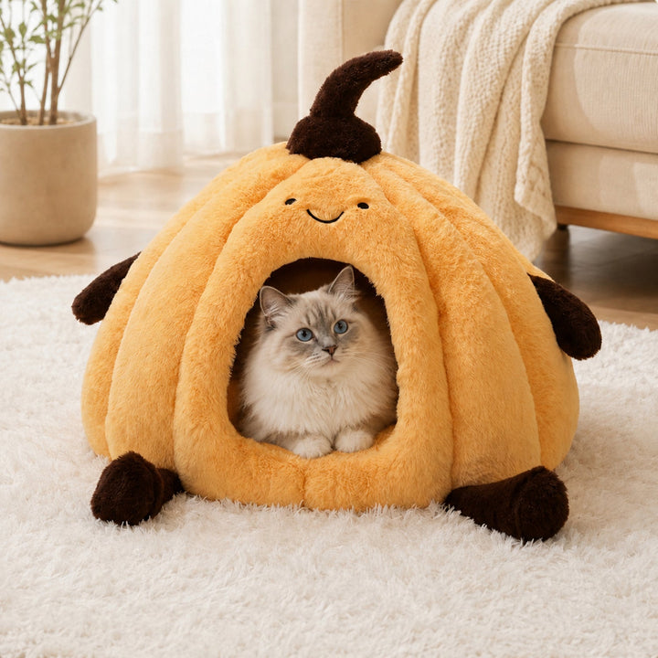Dog Bed & Cat Bed | Pumpkin Cave | Warm Washable Plush with a Non-Slip Base