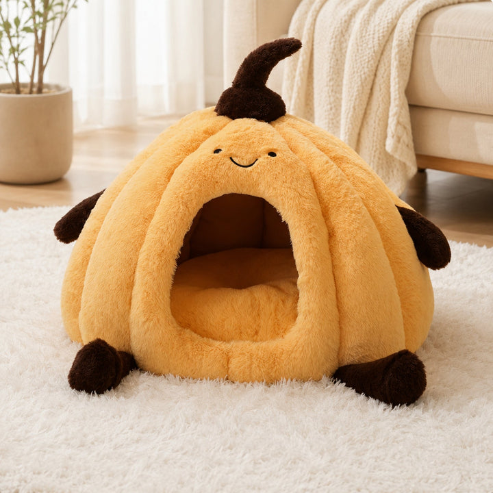 Dog Bed & Cat Bed | Pumpkin Cave | Warm Washable Plush with a Non-Slip Base