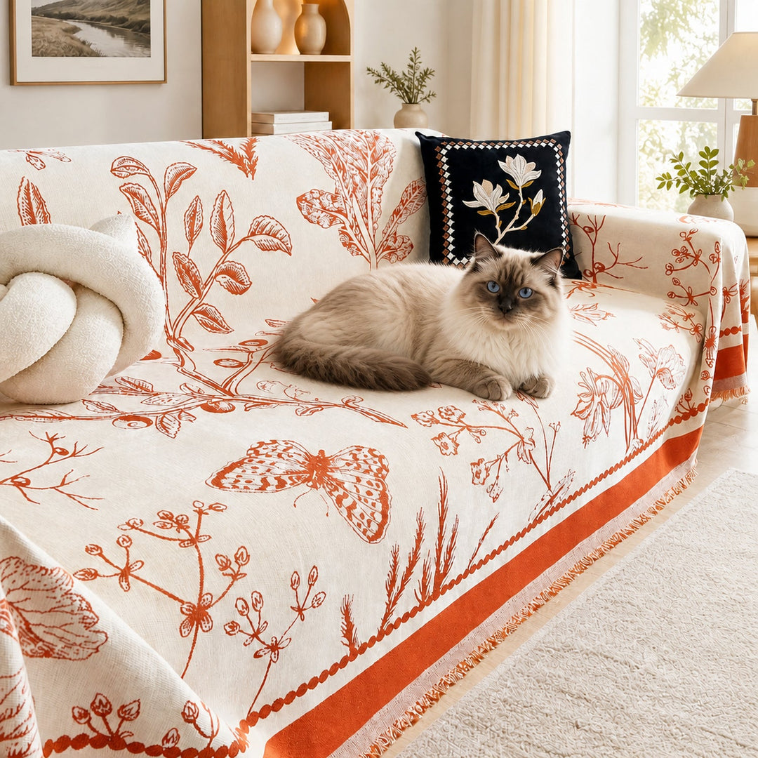 Botanical Sketch Reversible Chenille Sofa Throw | Machine-Washable Sofa Protector