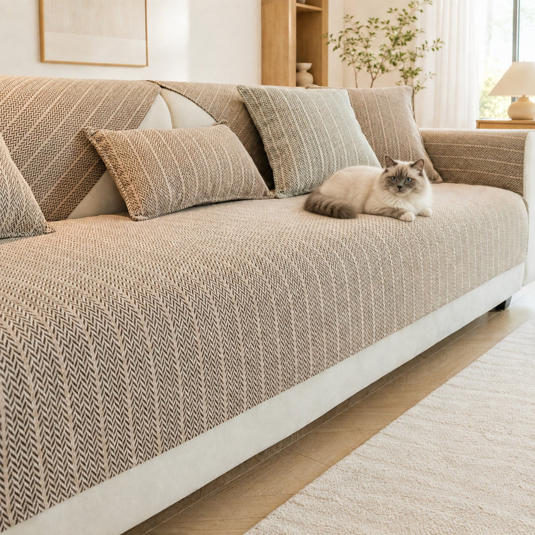 Solid Colour Chenille Sofa Cover | Anti-Scratch Herringbone Couch Protector | Durable