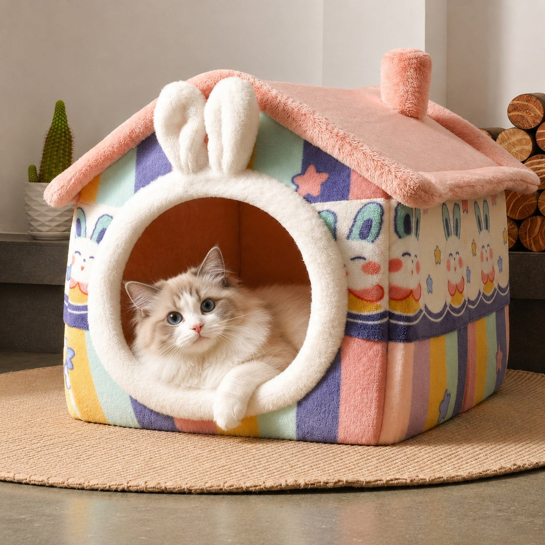Dog Bed & Cat Bed | Rainbow Bunny House | Warm Plush, Washable & Non-Slip