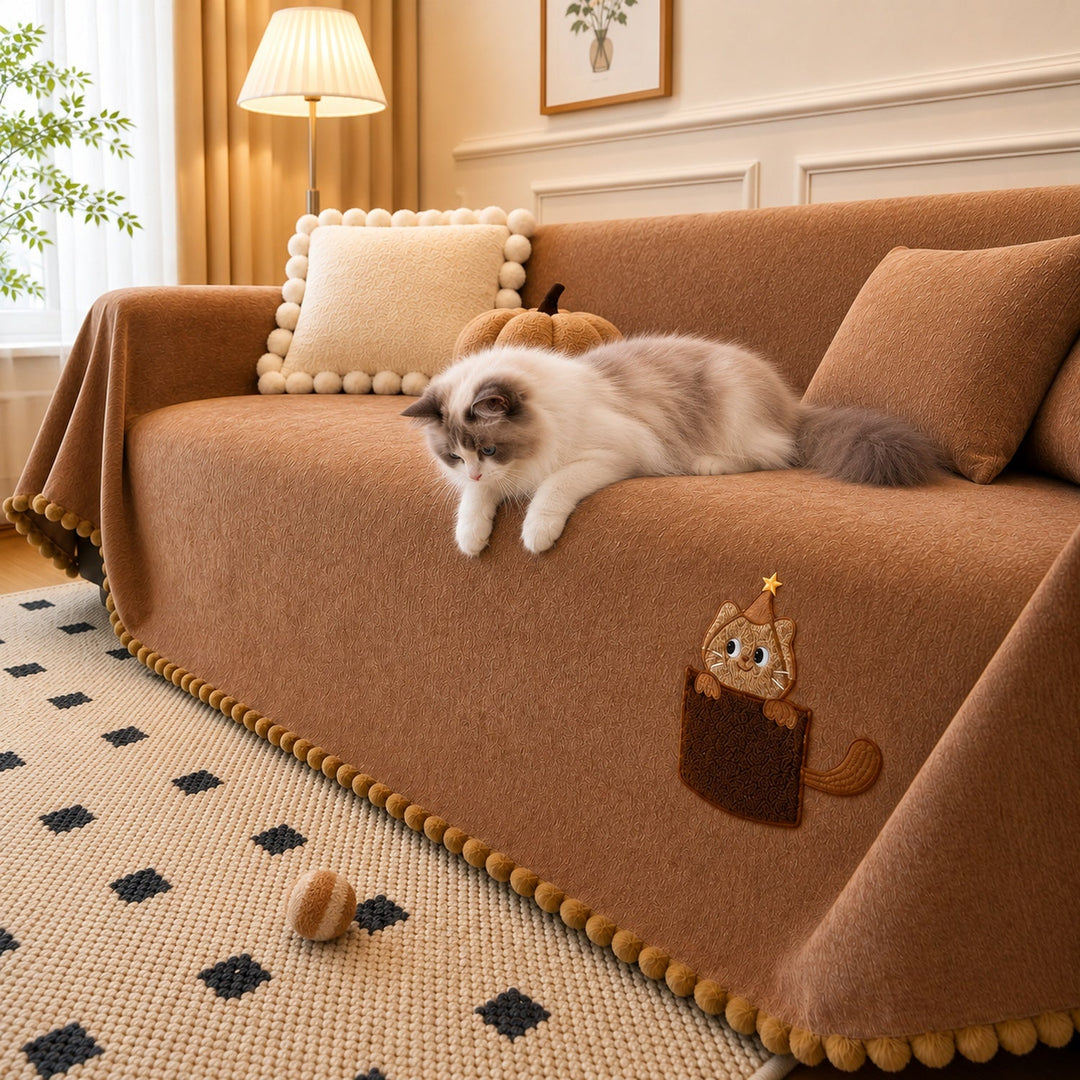 Pocket Kitty Chenille Sofa Throw | Anti-Slip Scratch-Resistant | Sofa Protector