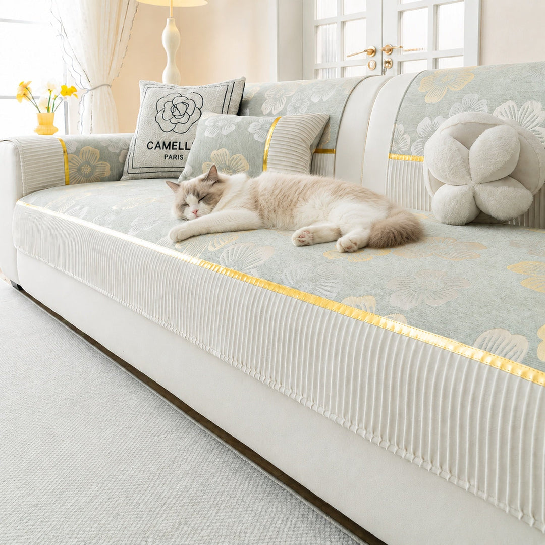 Golden Camellia Jacquard Sofa Cover | Chenille Anti-Slip Washable | Pet Protector