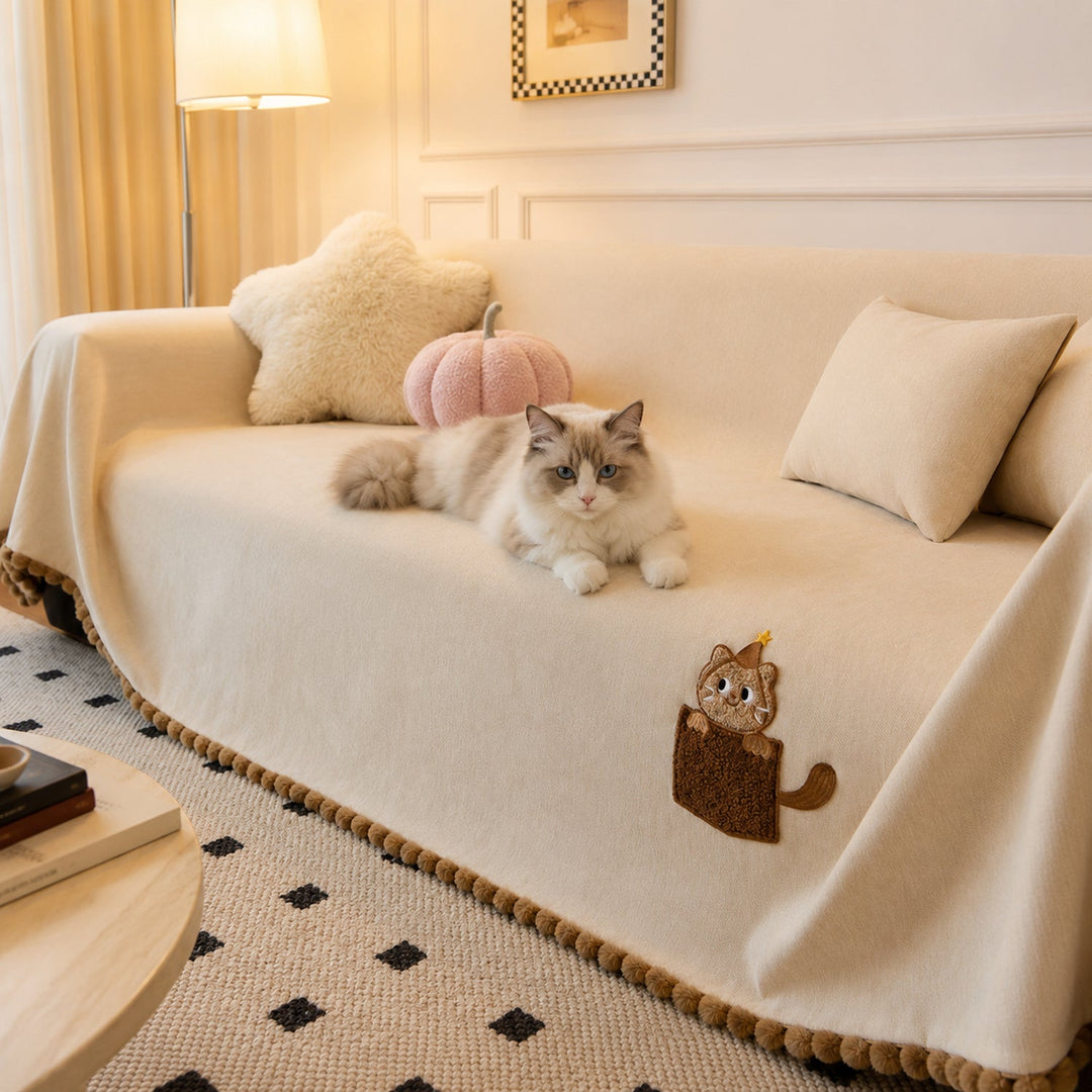 Pocket Kitty Chenille Sofa Throw | Anti-Slip Scratch-Resistant | Sofa Protector